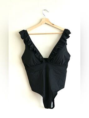 H&M Black Ruffle V-Neck One-Piece Swimsuit